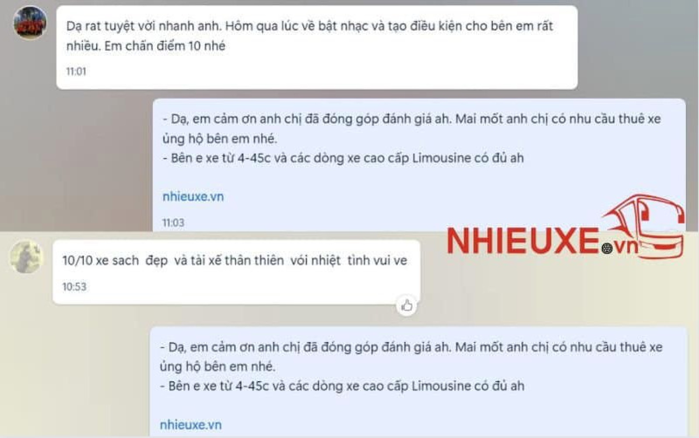 Phản hồi của khách hàng khi sử dụng dịch vụ thuê xe du lịch của Công ty NHIEUXE.VN