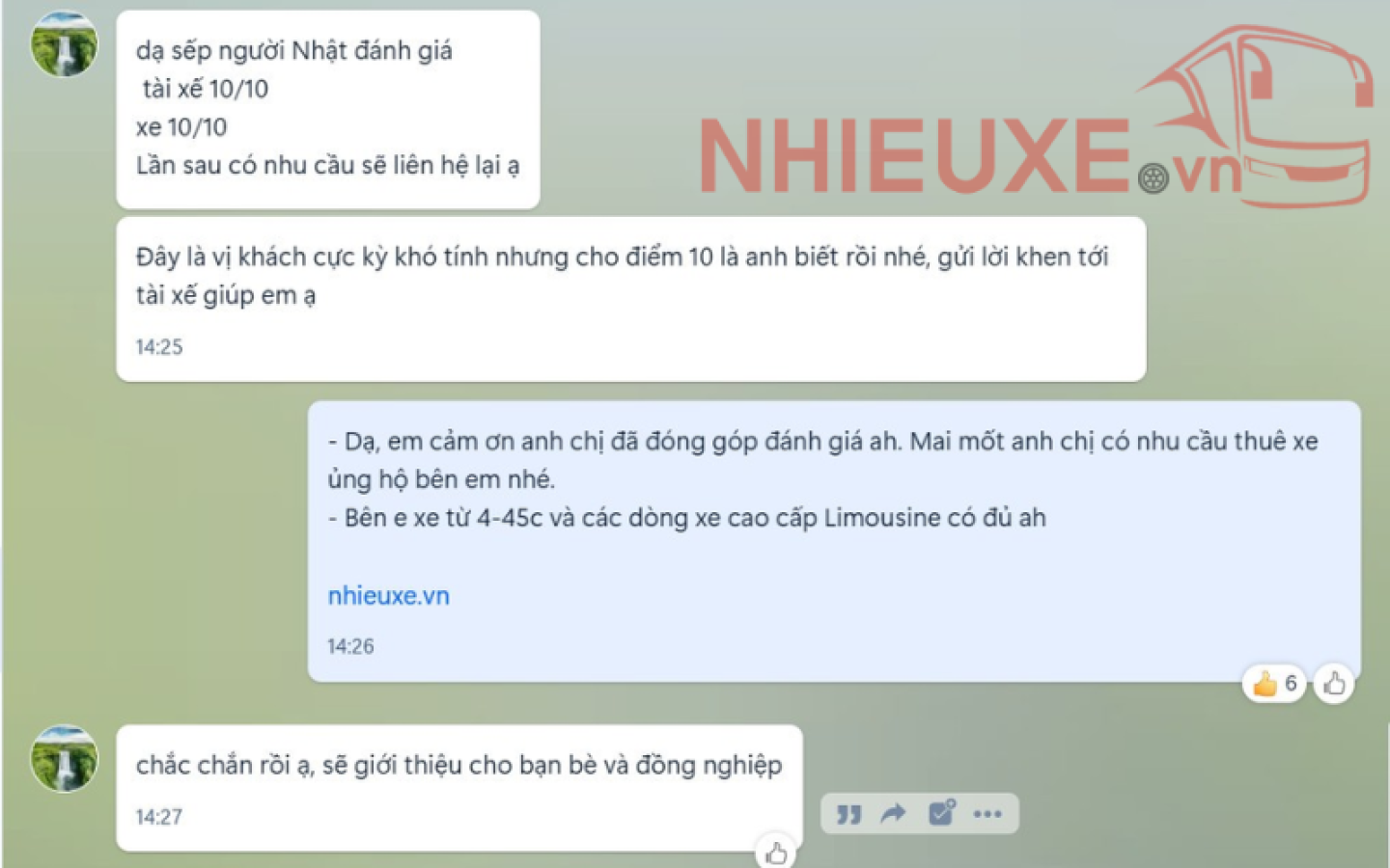 Feedback của khách hàng về dịch vụ tại NHIEUXE.VN