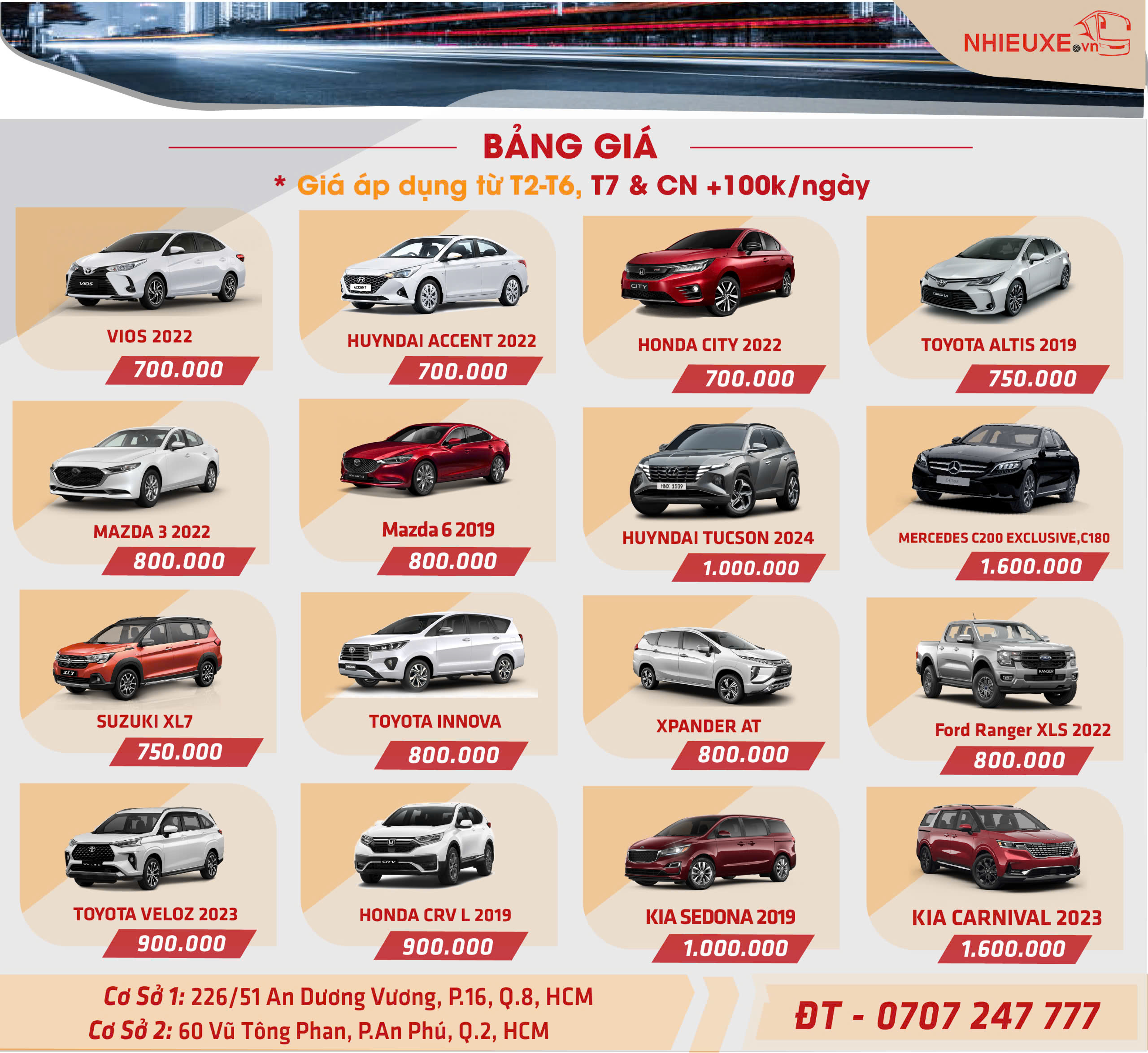 Bảng giá cho thuê tự lái - NHIEUXE.VN