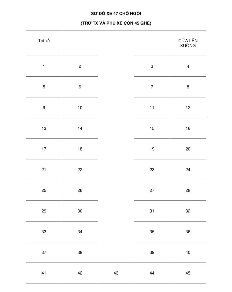 Sơ đồ ghế ngồi 45 chỗ